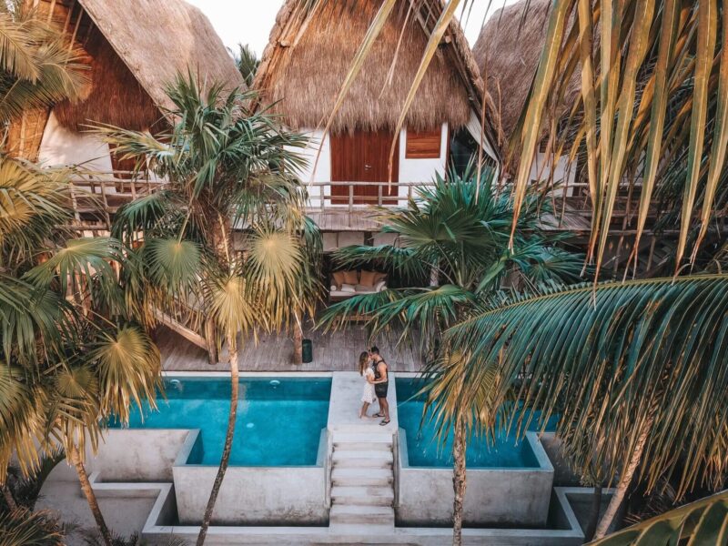 Couple in a resort with beautiful palms